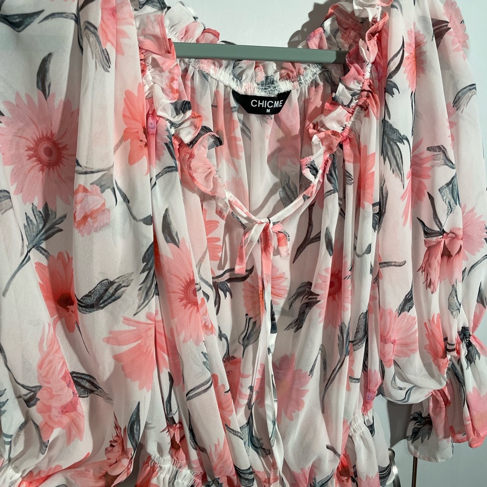 Chic Pink Sheer and White Floral Blouse with Ruffles - Picture 7 of 13